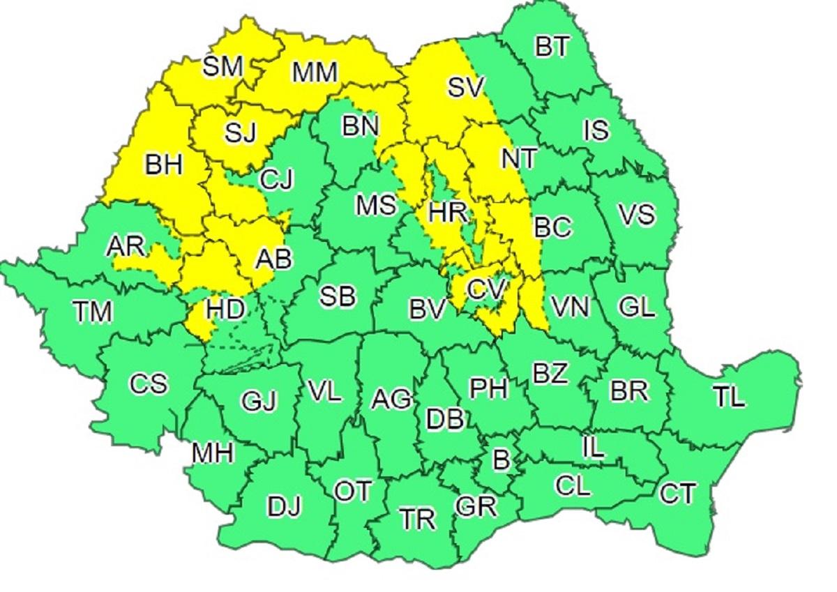 Harta județelor afectate de codul galben de vijelii