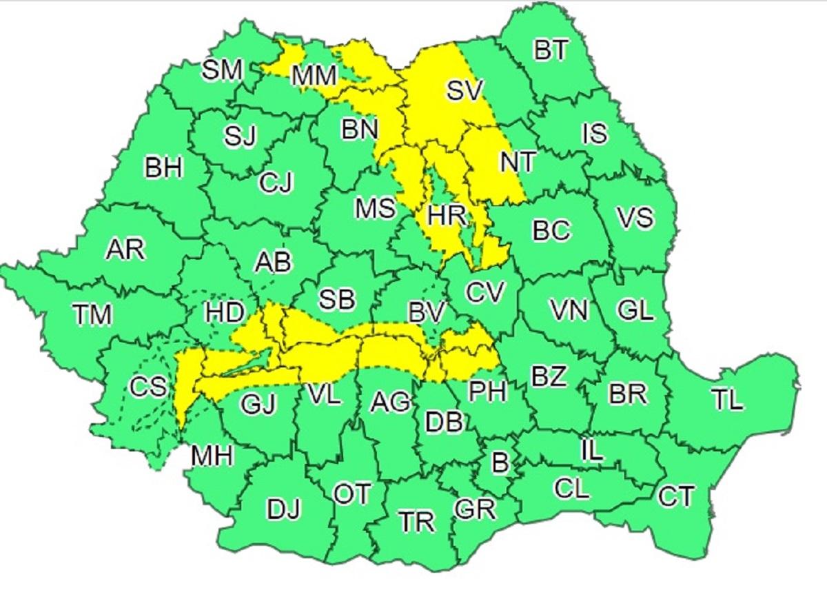 Harta judeţelor afectate de codul galben