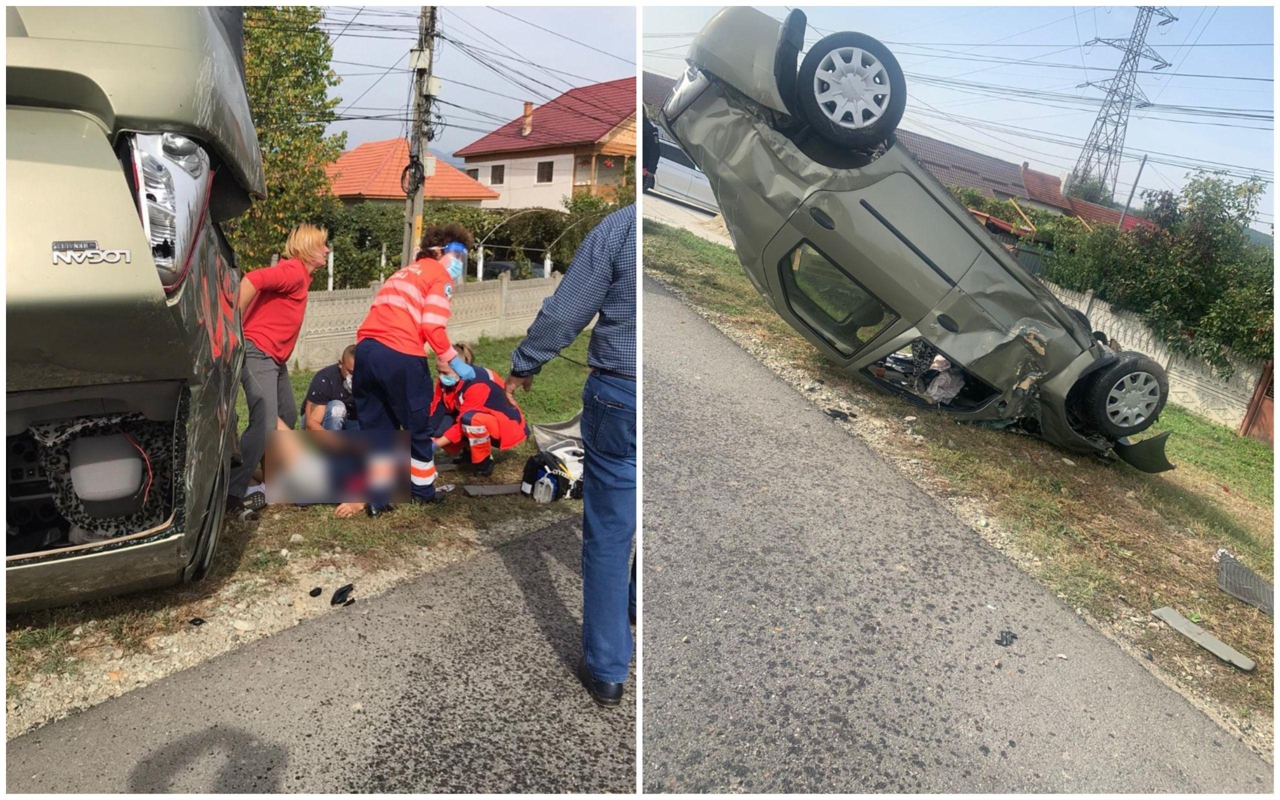 Un șofer din Gorj s-a răsturnat cu Loganul după ce a încercat să țină pasul cu o ambulanță