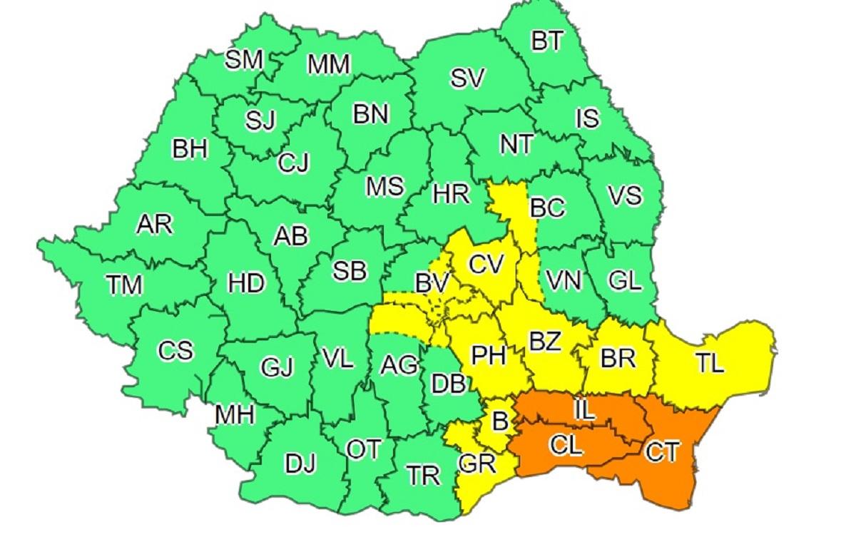 Harta județelor afectate de codurile galben și portocaliu