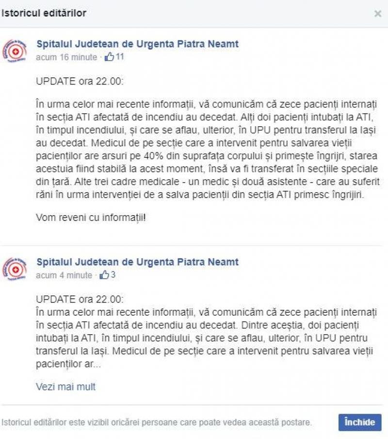 Bilanțul transmis de Spitalul Județean din Piatra Neamț cu privire la incendiul de la secția ATI Bilanțul transmis de Spitalul Județean din Piatra Neamț cu privire la incendiul de la secția ATI