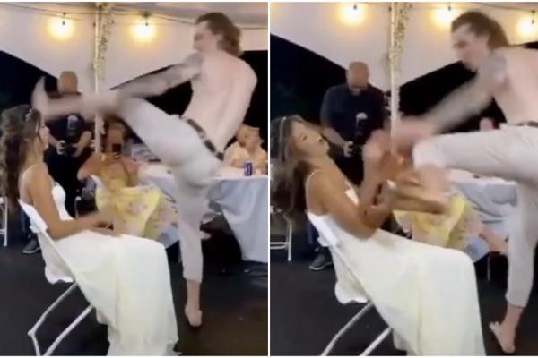 Mireasă lovită de mire cu piciorul în gură, în timp ce îi dansa lasciv în poală