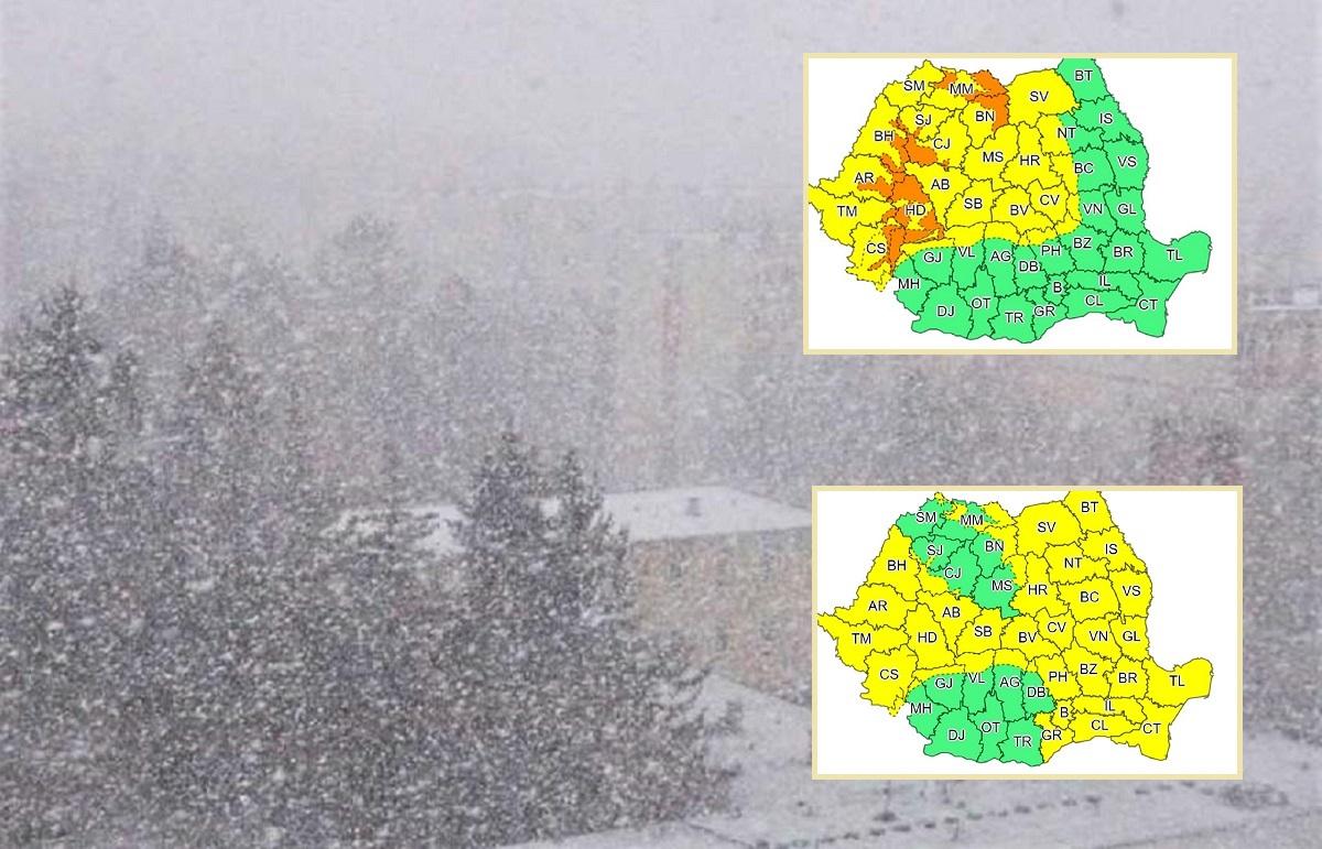 ANM a emis doua alerte cod galben si portocaliu de ninsori si viscol, in Romania