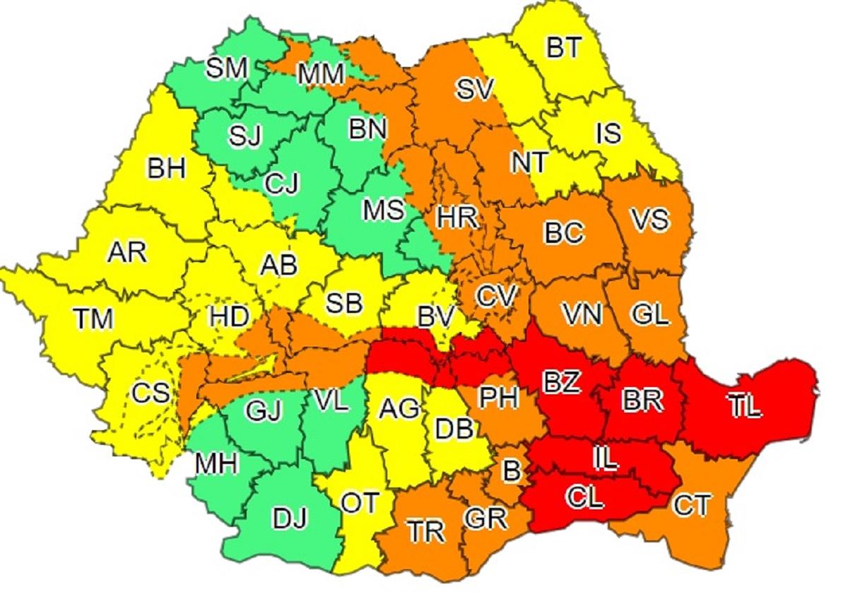 Harta judeţelor afectate de codurile galben, portocaliu şi roşu