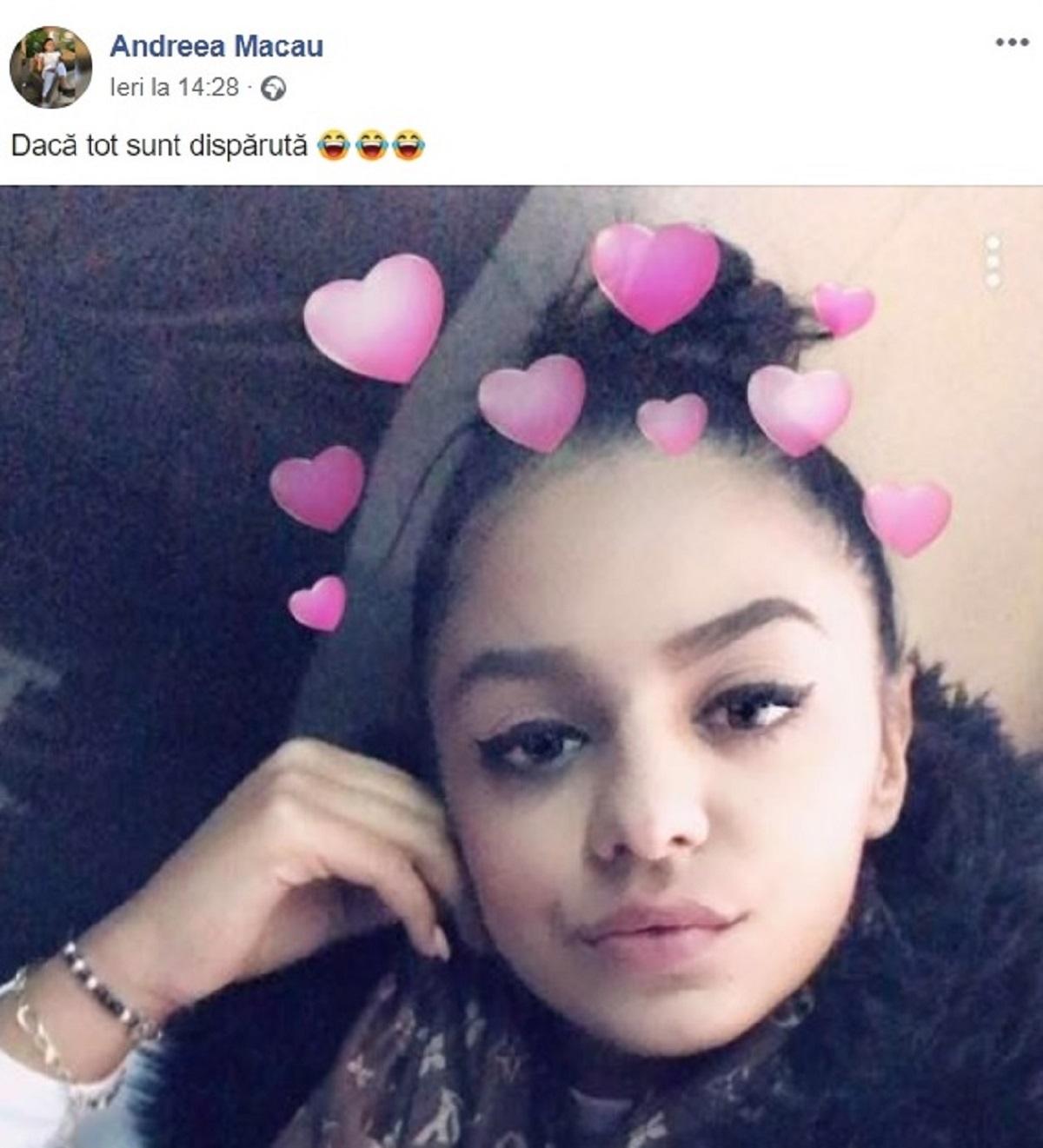 Andreea-Loredana Măcău a postat pe Facebook, după ce a fost dată dispărută