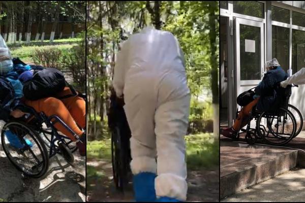 Oamenii sunt cărați pe alei cu gropi și printre copaci, pentru o radiografie sau un CT