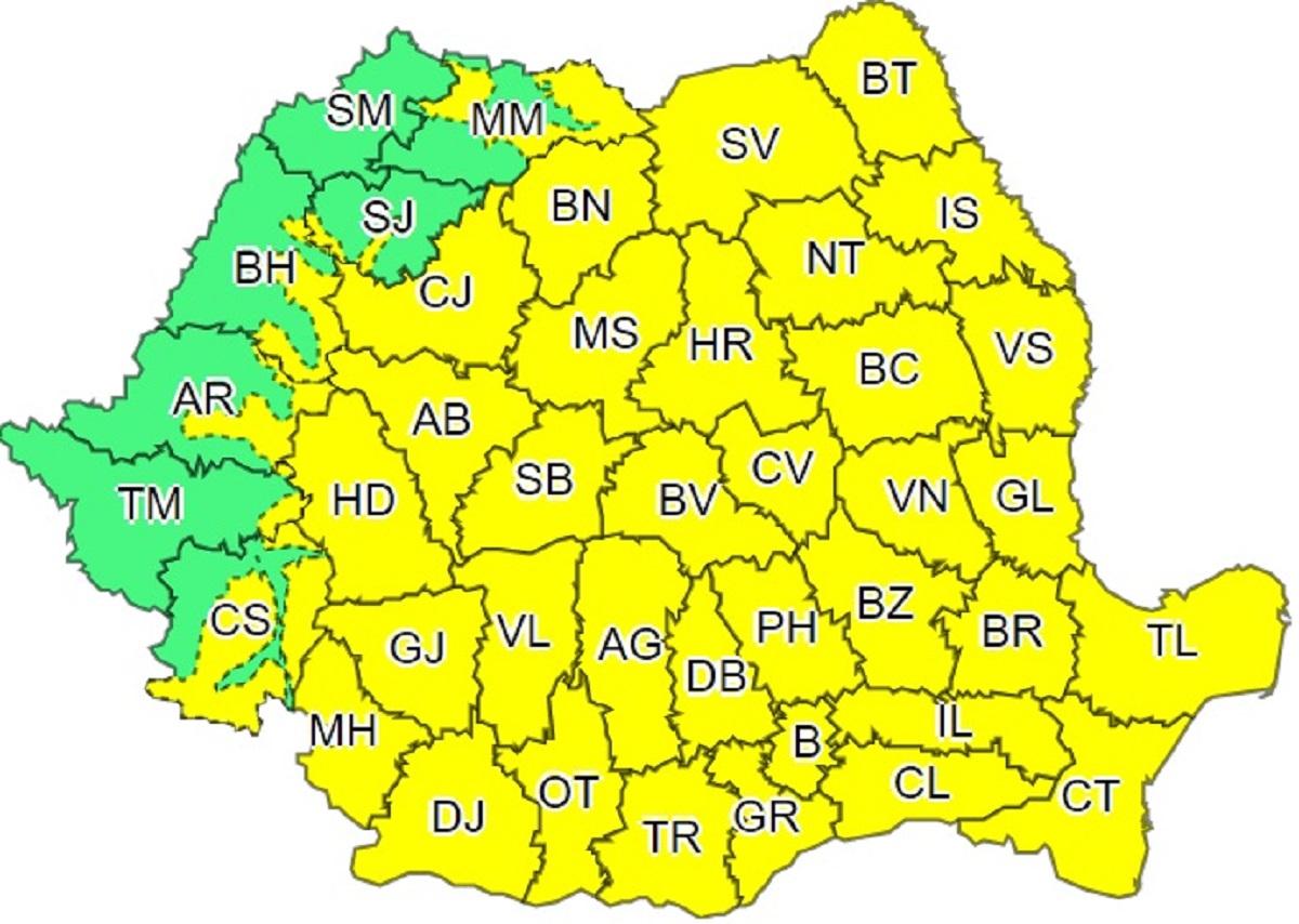2 coduri galbene și informare de vreme rea pentru cea mai mare parte a țării