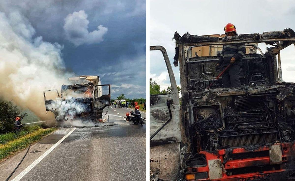 Un camion a luat foc în mers, pe DN6
