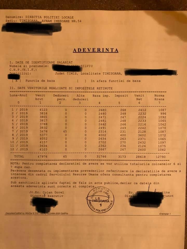 Adeverinta de salariu pe 2019 a unui polițist local din Timișoara