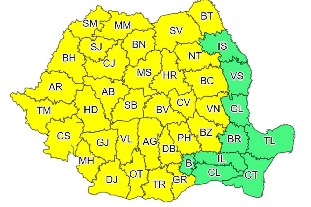 32 de județe, sub cod galben de vreme severă, până mâine la ora 10.00