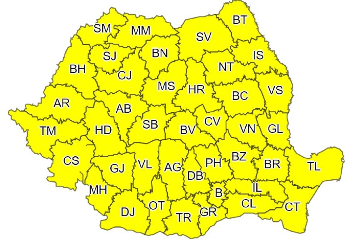Harta judeţelor afectate de codul galben