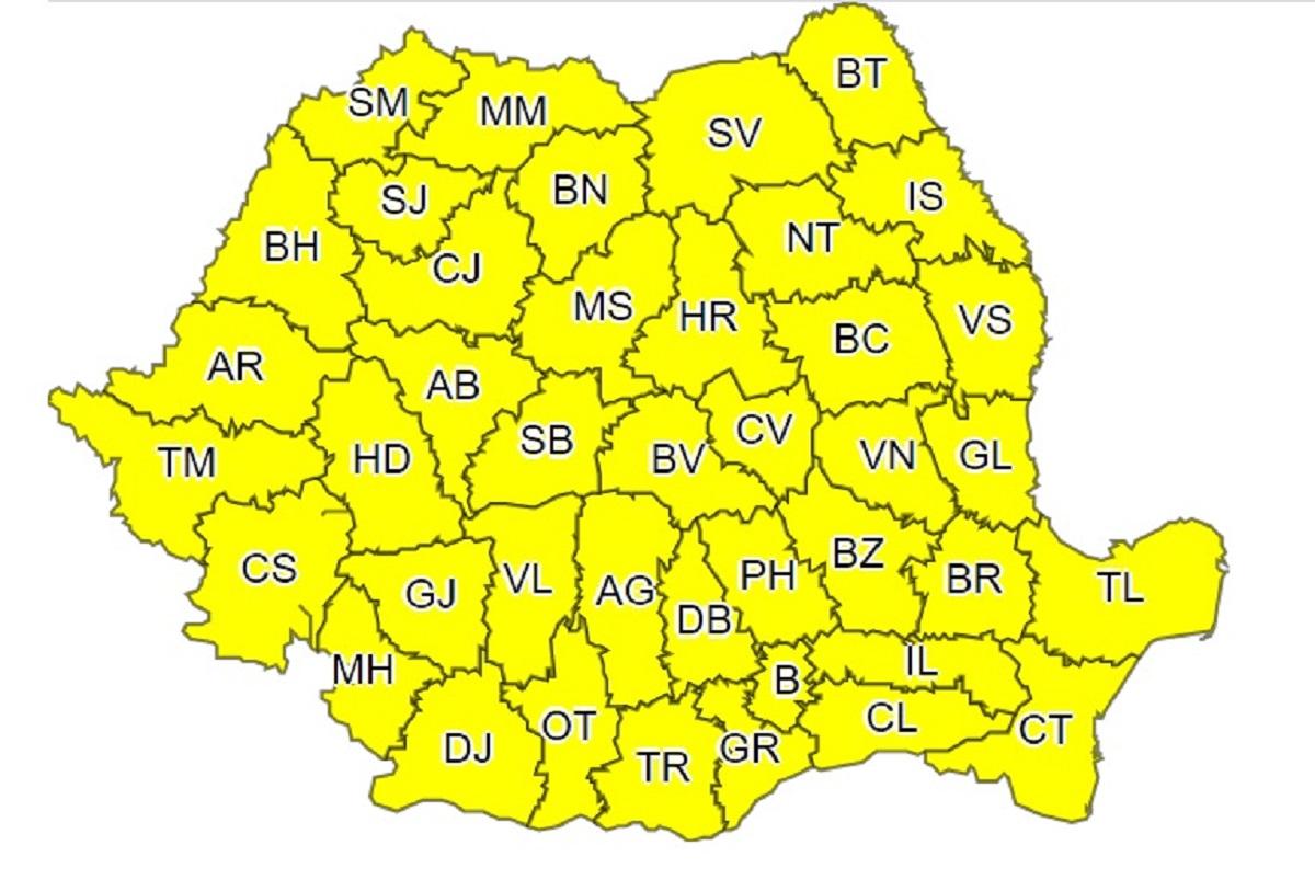 Harta judeţelor afectate de codul galben