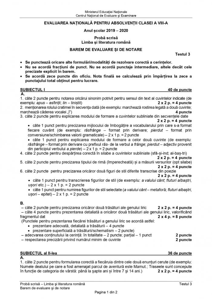 Evaluarea Naţională 2020. Subiecte şi barem pentru Limba şi literatura română - varianta 3