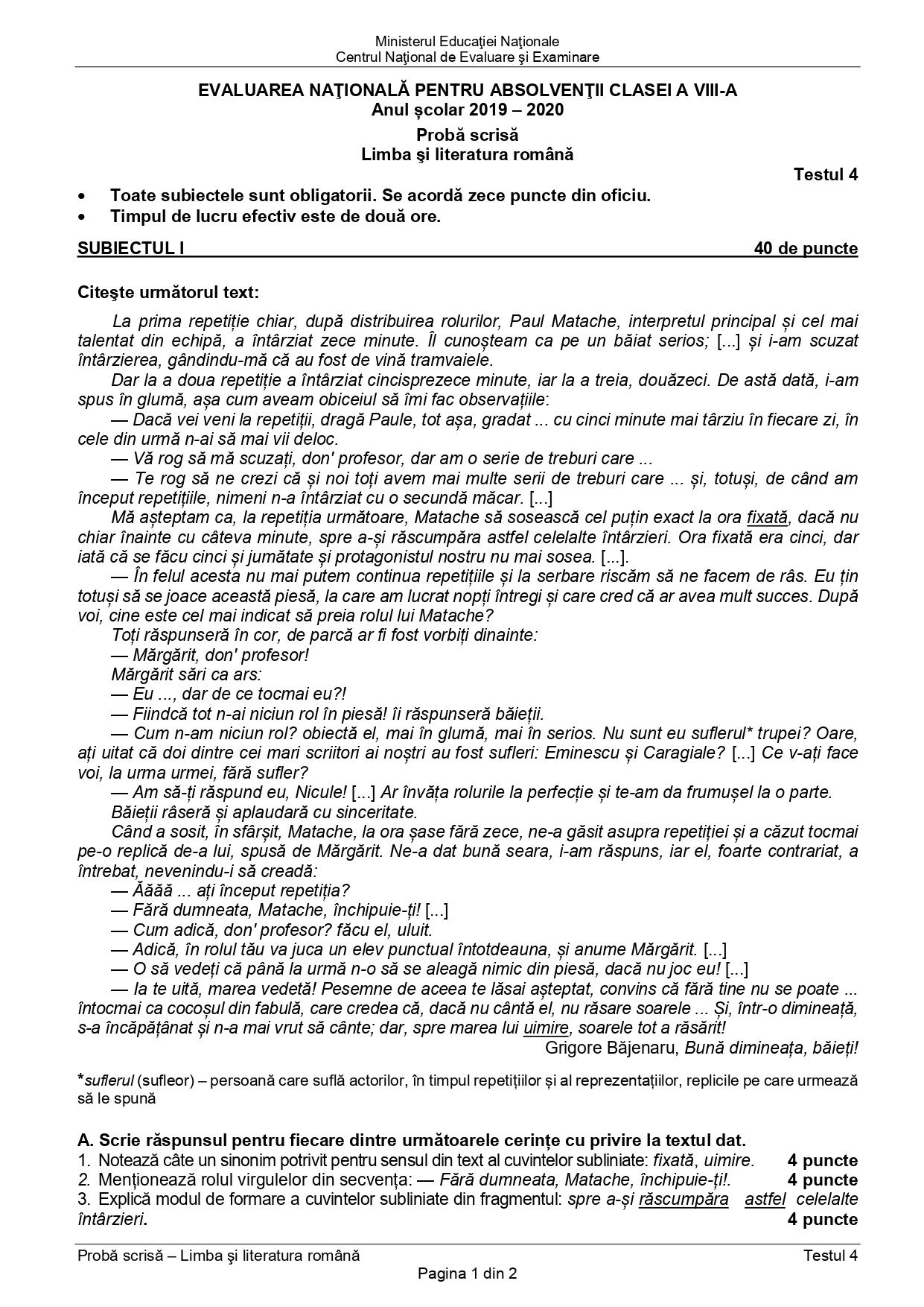 Evaluarea Naţională 2020. Subiecte şi barem pentru Limba şi literatura română - varianta 4