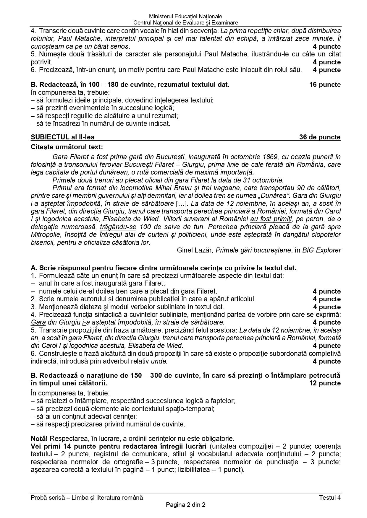 Evaluarea Naţională 2020. Subiecte şi barem pentru Limba şi literatura română - varianta 4