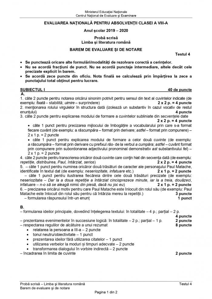 Evaluarea Naţională 2020. Subiecte şi barem pentru Limba şi literatura română - varianta 4