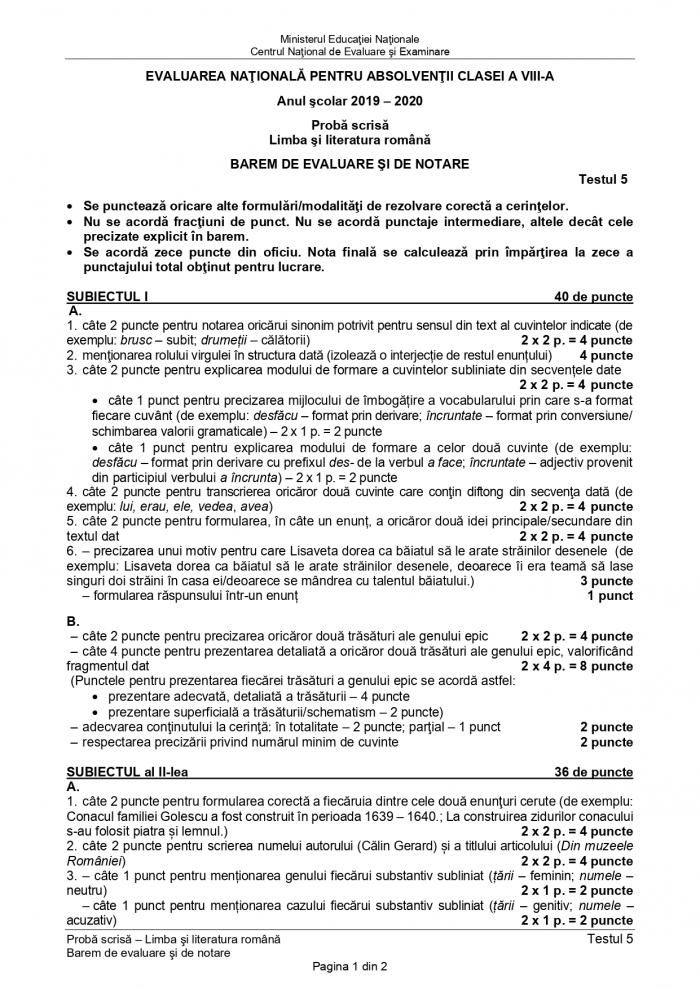 Evaluarea Naţională 2020. Subiecte şi barem pentru Limba şi literatura română - varianta 5