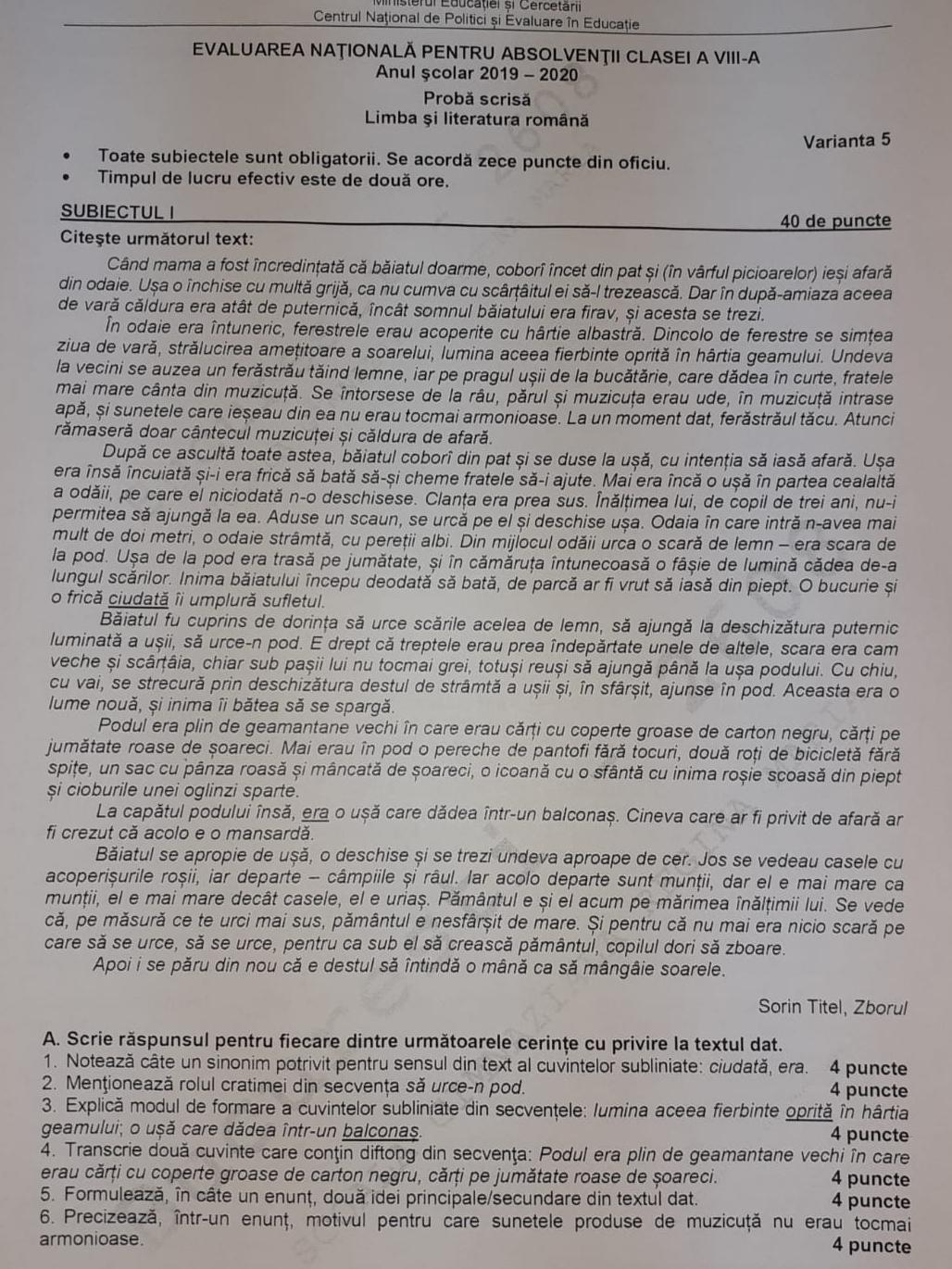 Subiecte Limba româna la Evaluarea Națională 2020. 1