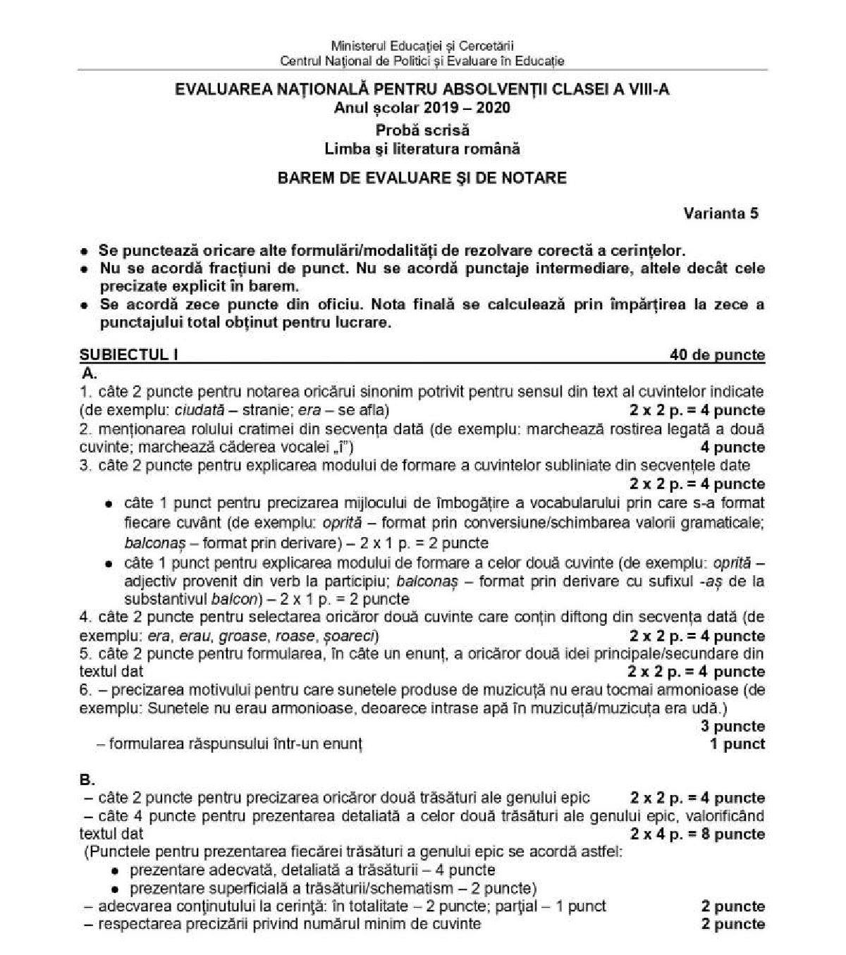 Barem subiecte romana Evaluarea Națională 2020