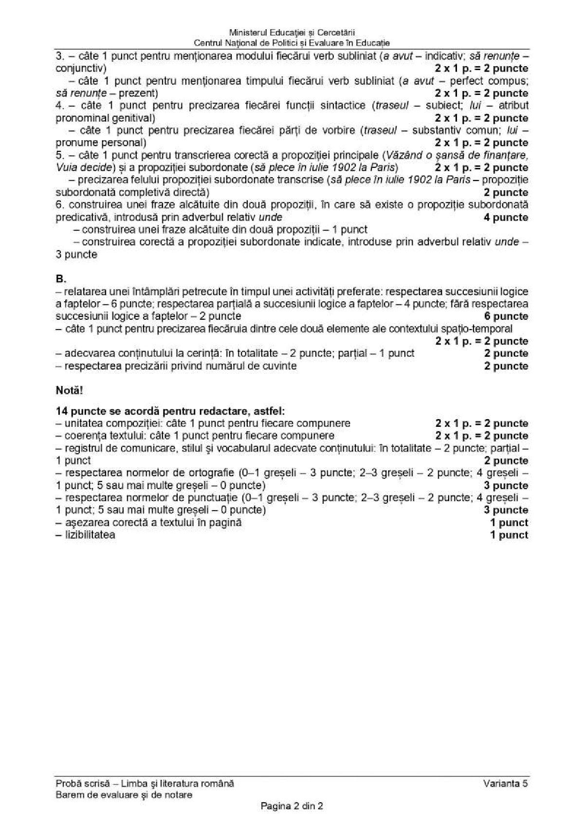 Barem subiecte romana Evaluarea Națională 2020 2