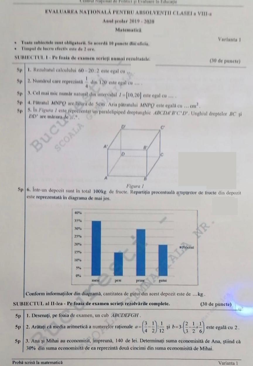 Subiecte Matematica la Evaluarea Națională 2020