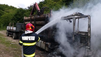 Camion ce transporta lemne tăiate, făcut scrum în urma unui incediu