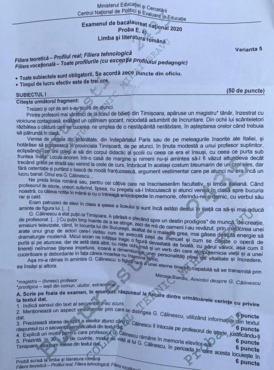 Subiecte Limba româna la Bacalaureat 2020