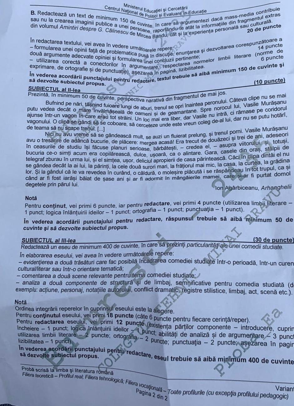 Subiecte Limba româna la Bacalaureat 2020 - profil real 2