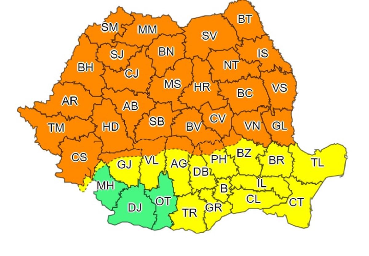Harta judeţelor afectate de codurile galben şi portocaliu
