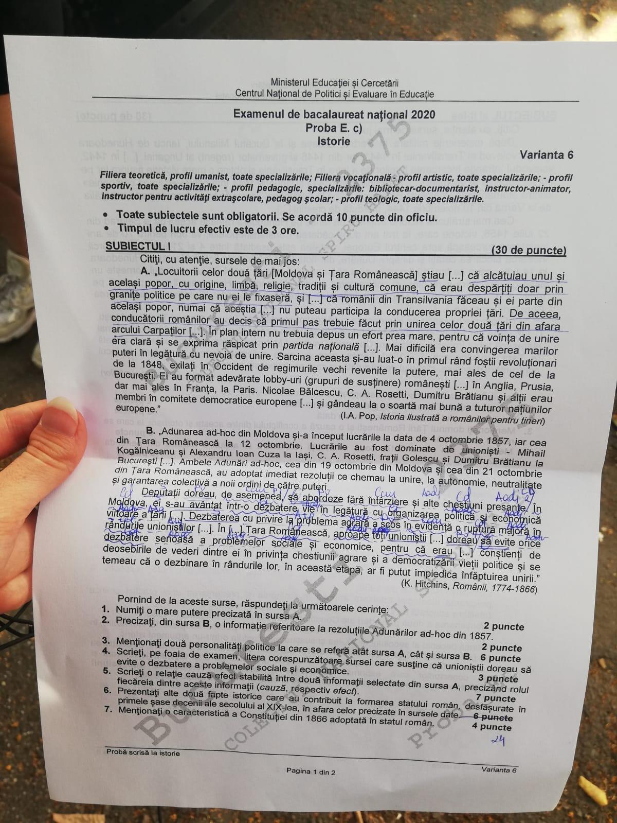 Subiecte Bacalaureat 2020 proba la Istorie