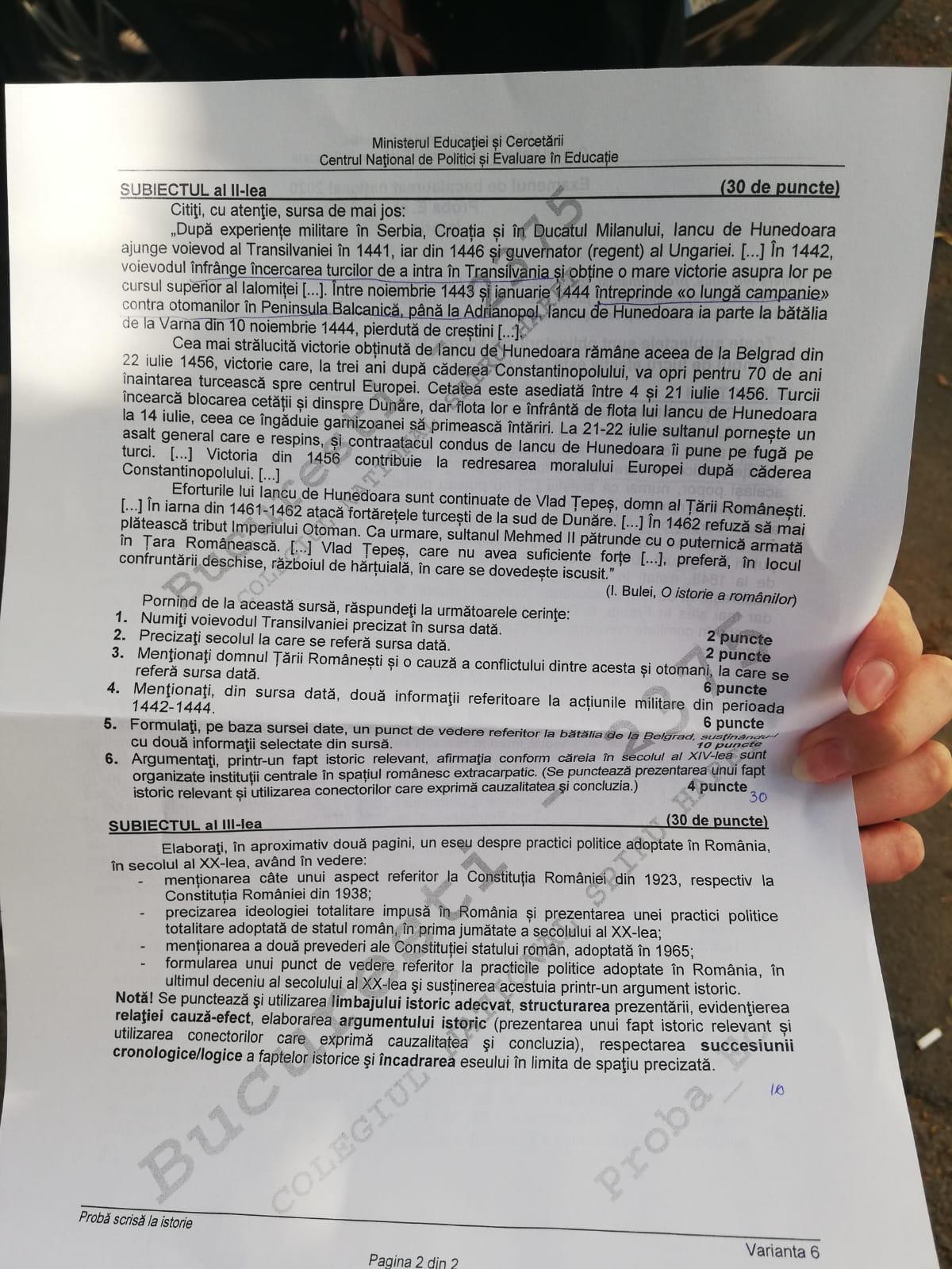 Subiecte Bacalaureat 2020 proba la Istorie 2