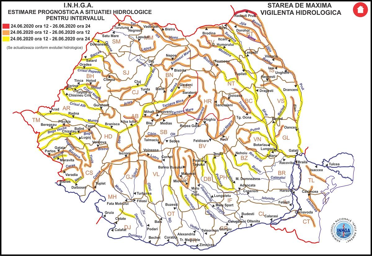 Avertizare hidrologică de inundații, 24 iunie 2020