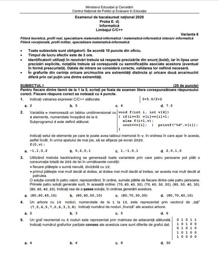 Subiecte Informatica Bac 2020 1