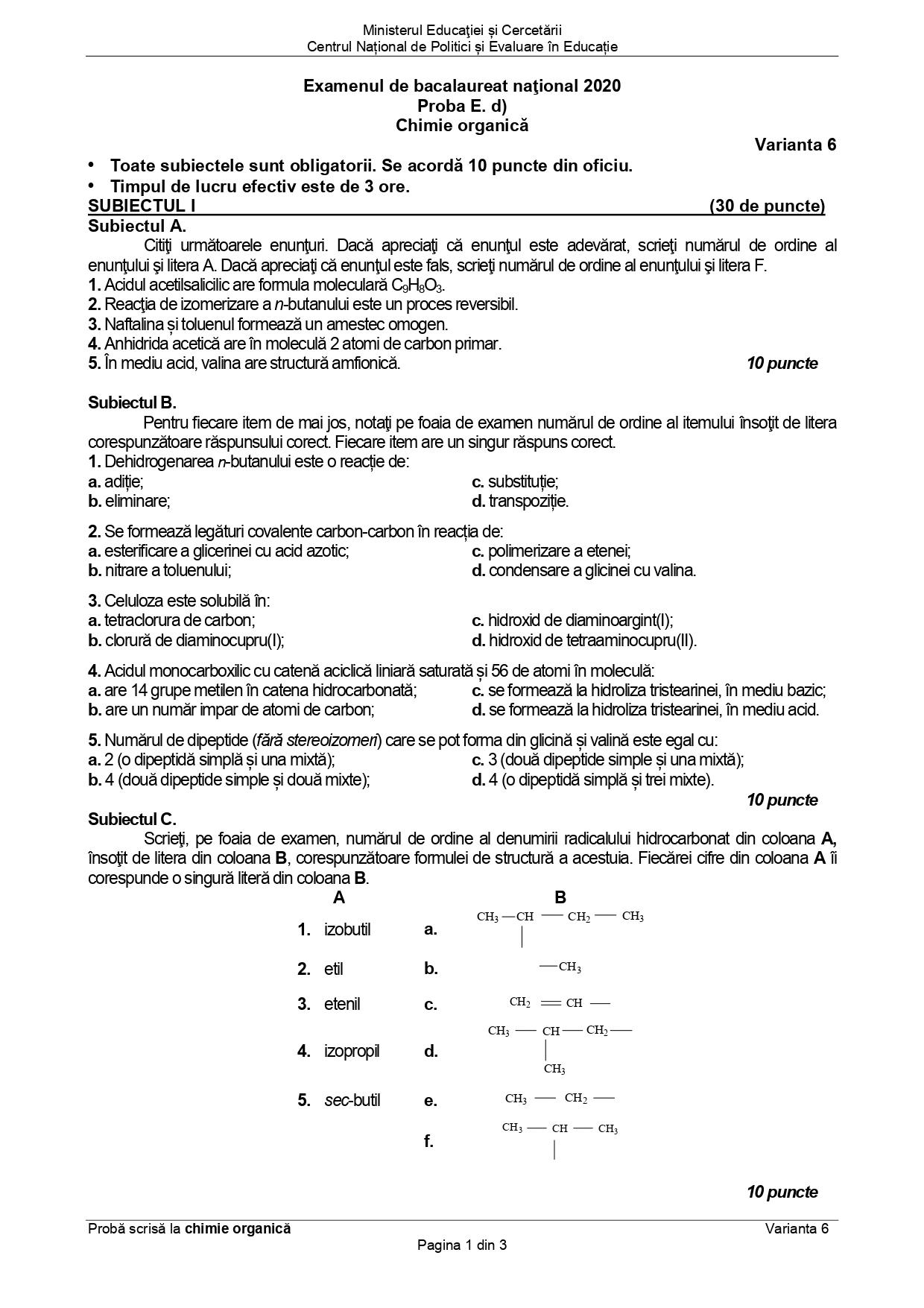 Subiecte chimie organica