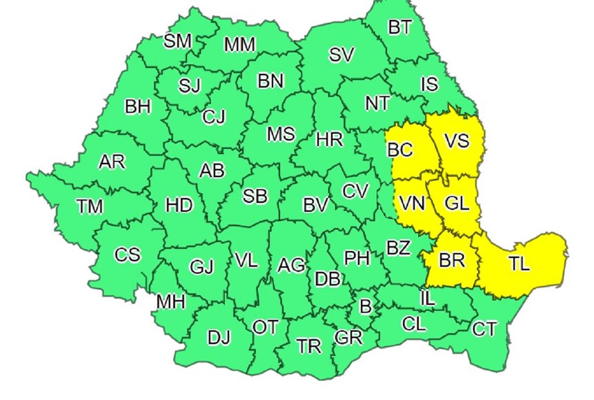 Harta județelor afectate de codul galben de vreme severă