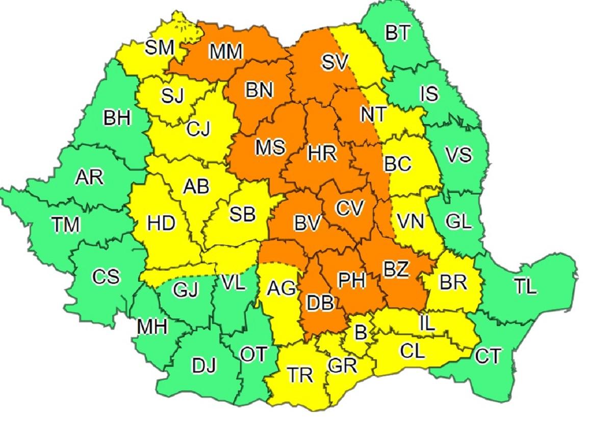 Harta judeţelor afectate de codurile galben şi portocaliu