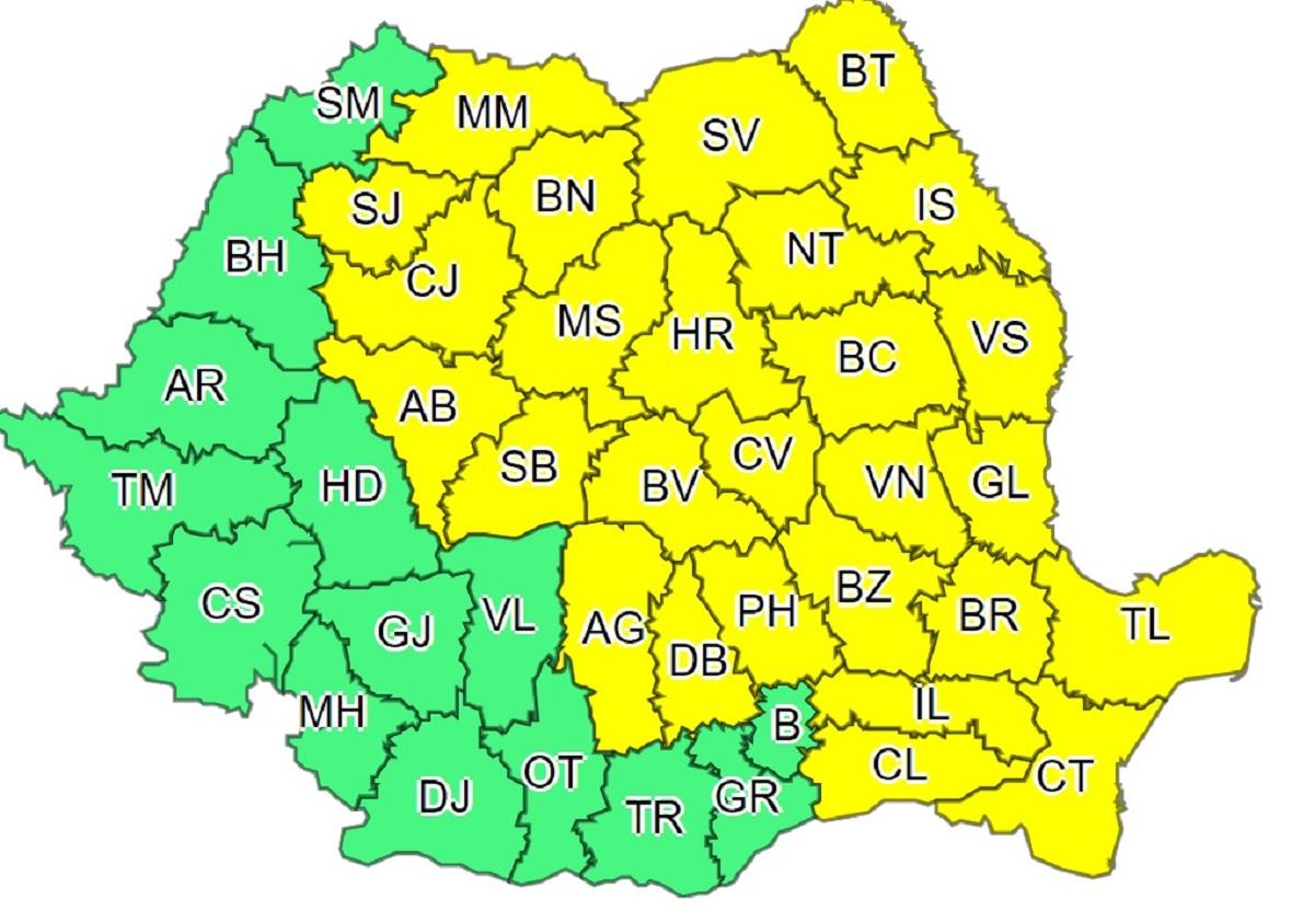 Harta judeţelor afectate de codul galben
