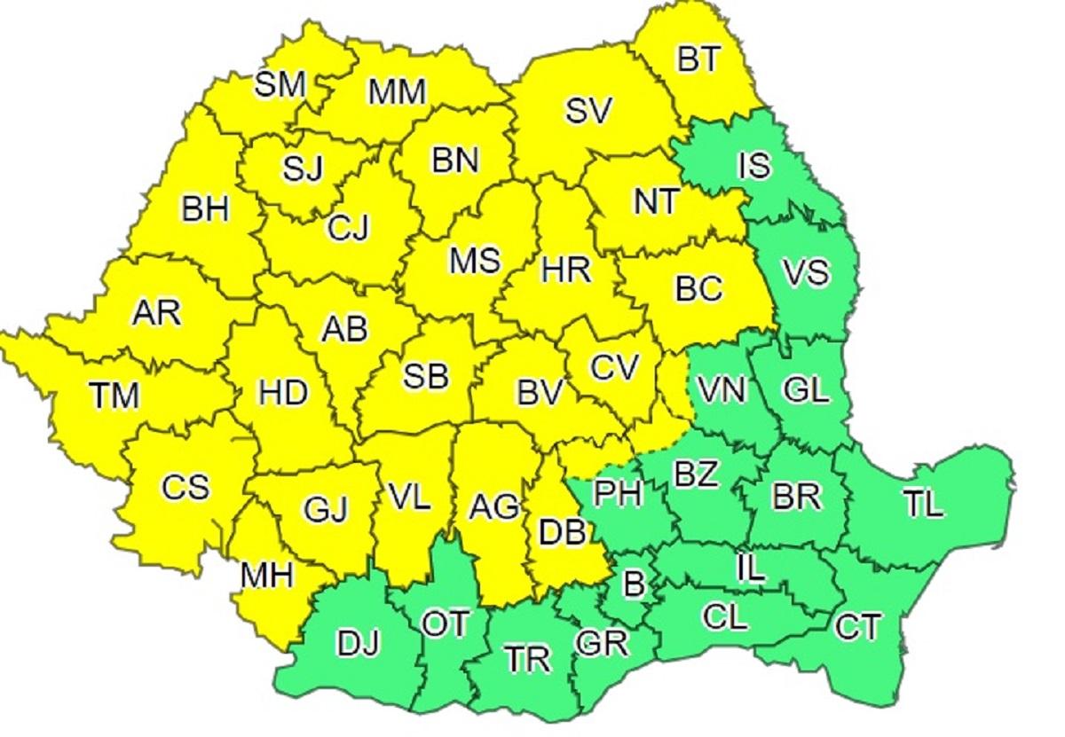 Harta judeţelor afectate de codul galben
