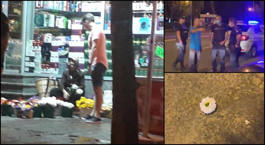 Incident Baia Mare Un tânăr i-a rupt florile unei bătrâne din Baia Mare, după ce a scăpat un bax de bere în fața ei (Video)