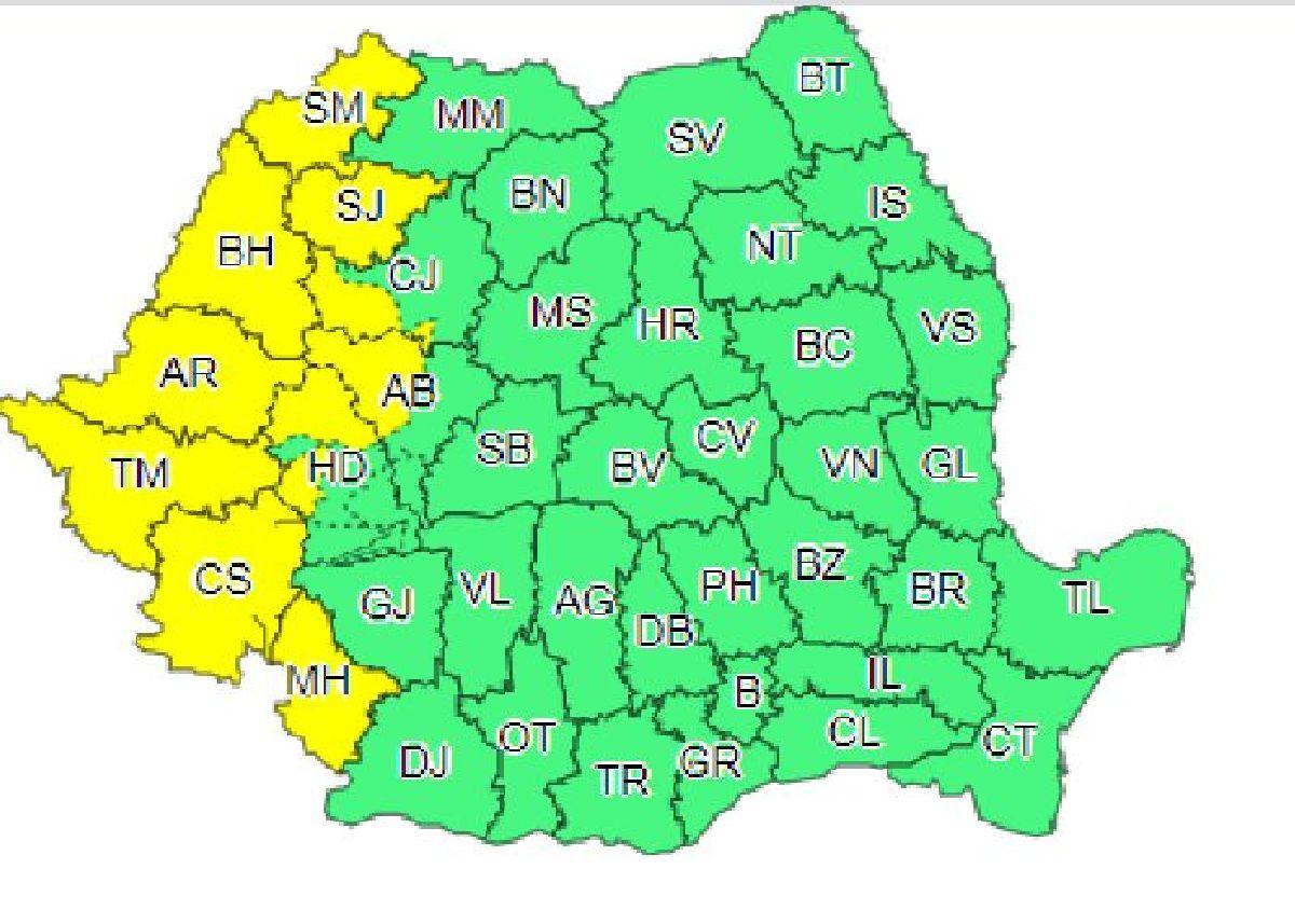 ANM a emis o alertă cod galben pentru Banat, Crișana și vestul Olteniei