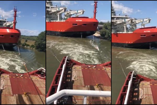 Momentul când spărgătorul de gheață Nuyina a fost scăpat de sub control și a lovit malul