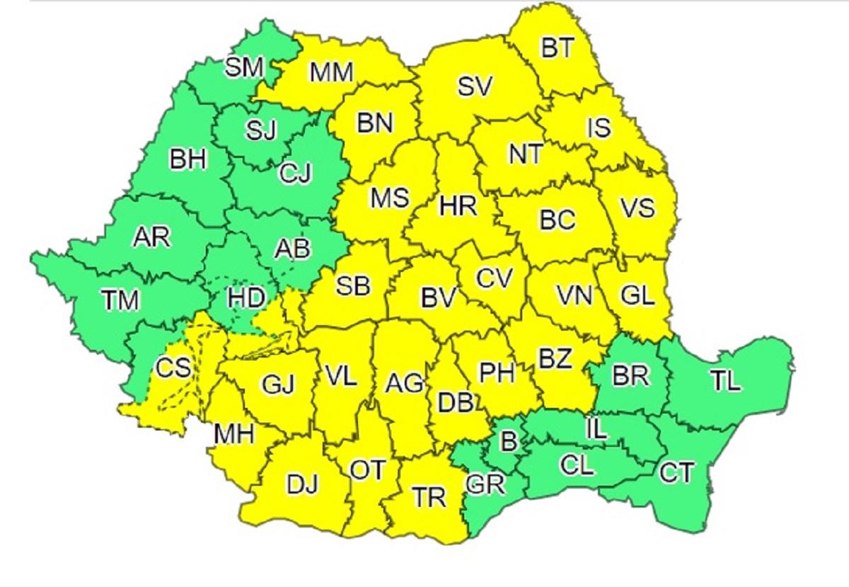 Harta județelor afectate de codul galben de vreme severă