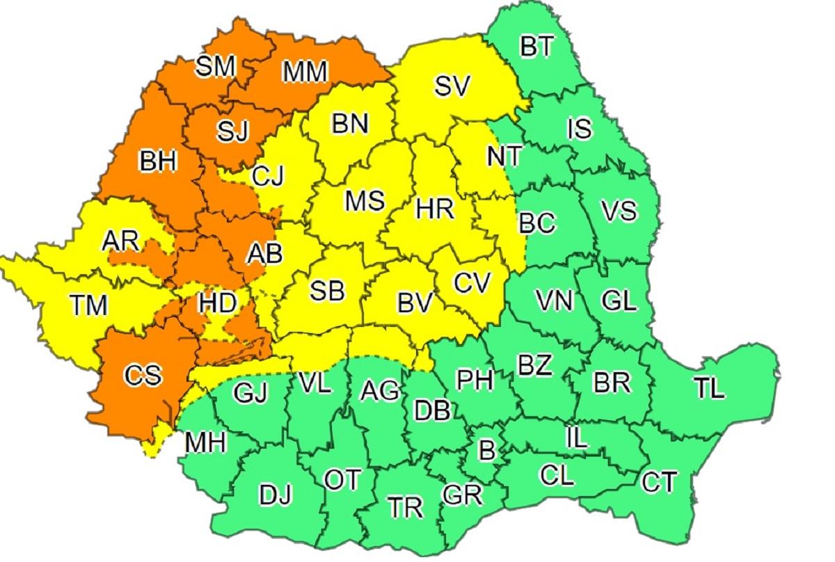 Harta județelor afectate de codurile galben și portocaliu
