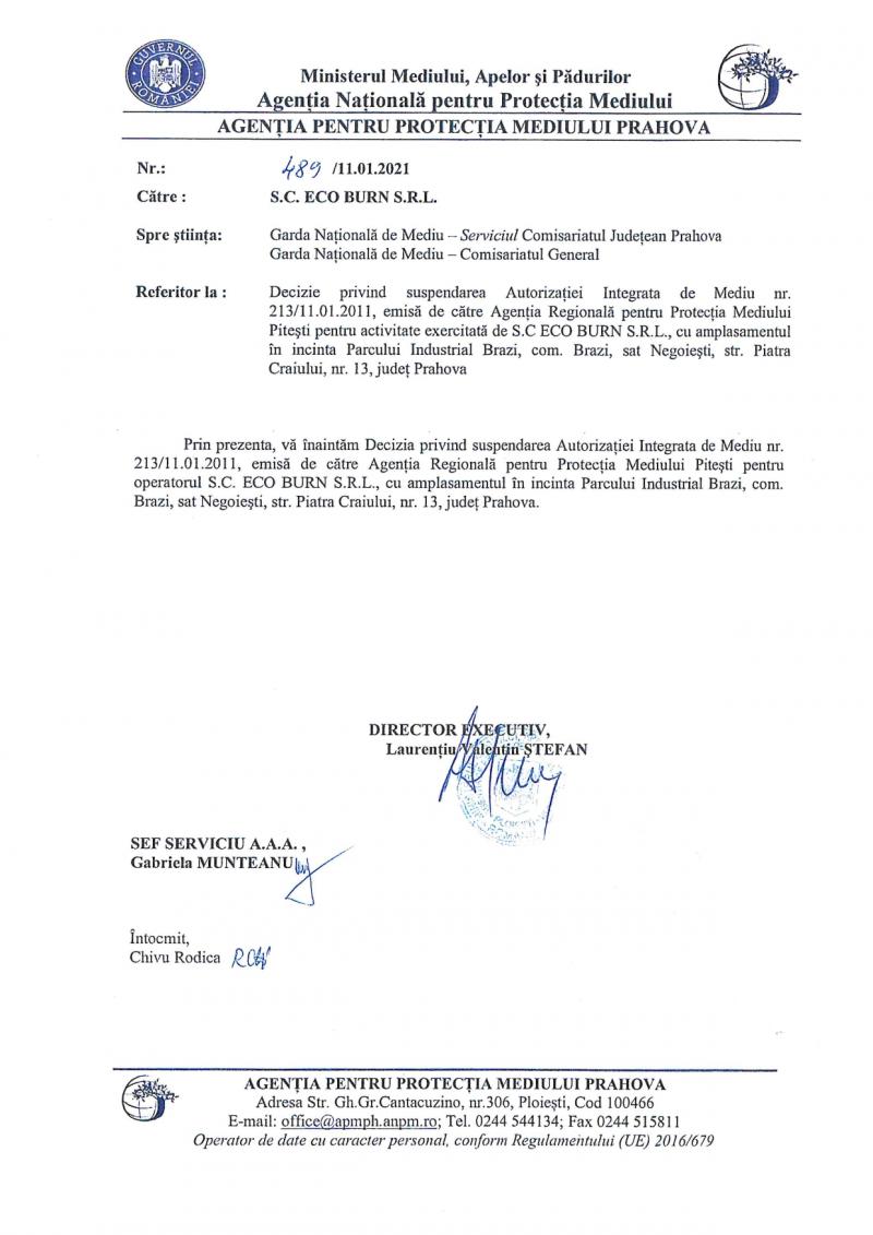 Decizie a Agenţiei pentru Protecţia Mediului în cazul Ecoburn Decizie a Agenţiei pentru Protecţia Mediului în cazul Ecoburn