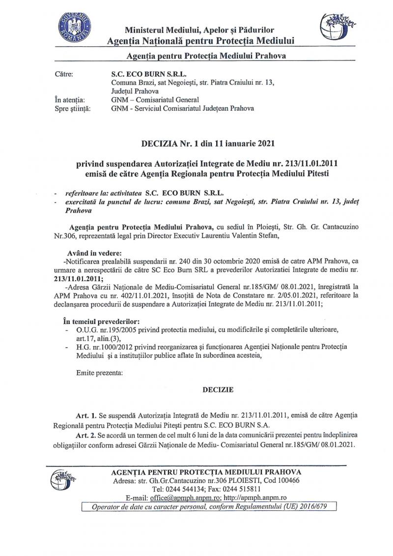 Decizie a Agenţiei pentru Protecţia Mediului în cazul Ecoburn Decizie a Agenţiei pentru Protecţia Mediului în cazul Ecoburn