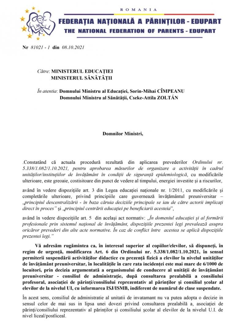 Părinţii cer închiderea "de urgenţă" a şcolilor în localităţile unde rata de incidenţă depăşeşte 6 la mie. Scrisoarea adresată miniştrilor Educaţiei şi Sănătăţii