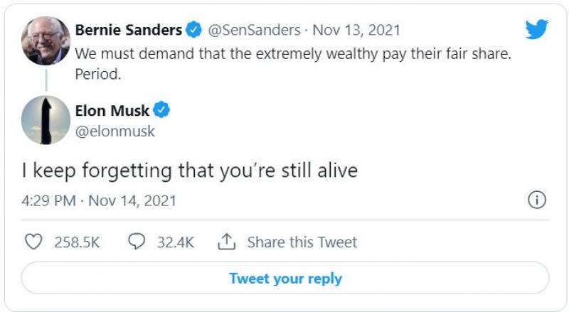 Elon Musk, replică acidă la mesajul lui Bernie Sanders privind taxarea bogaților: ”Tot uit că ești încă în viață” Elon Musk, replică acidă la mesajul lui Bernie Sanders privind taxarea bogaților: ”Tot uit că ești încă în viață”