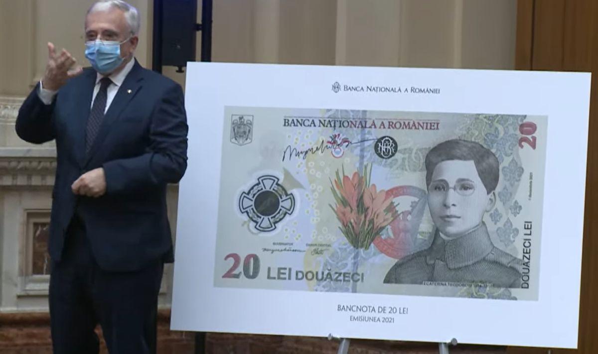 Mugur Isărescu a semnat planşa pe care era prezentată bancnota de 20 de lei