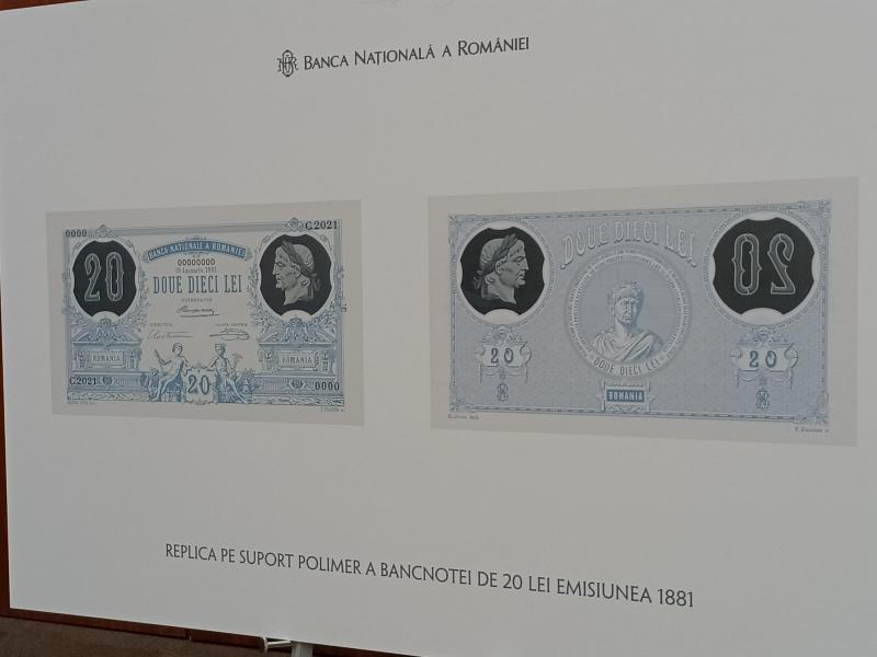 Replica pe suport polimer a primei bancnote de 20 de lei