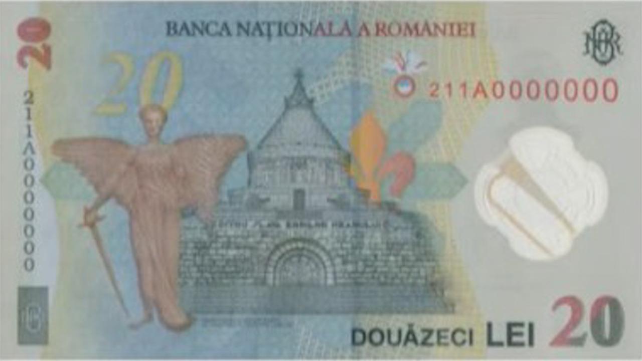 Reversul bancnotei de 20 de lei, pe care apare Ecaterina Teodoroiu